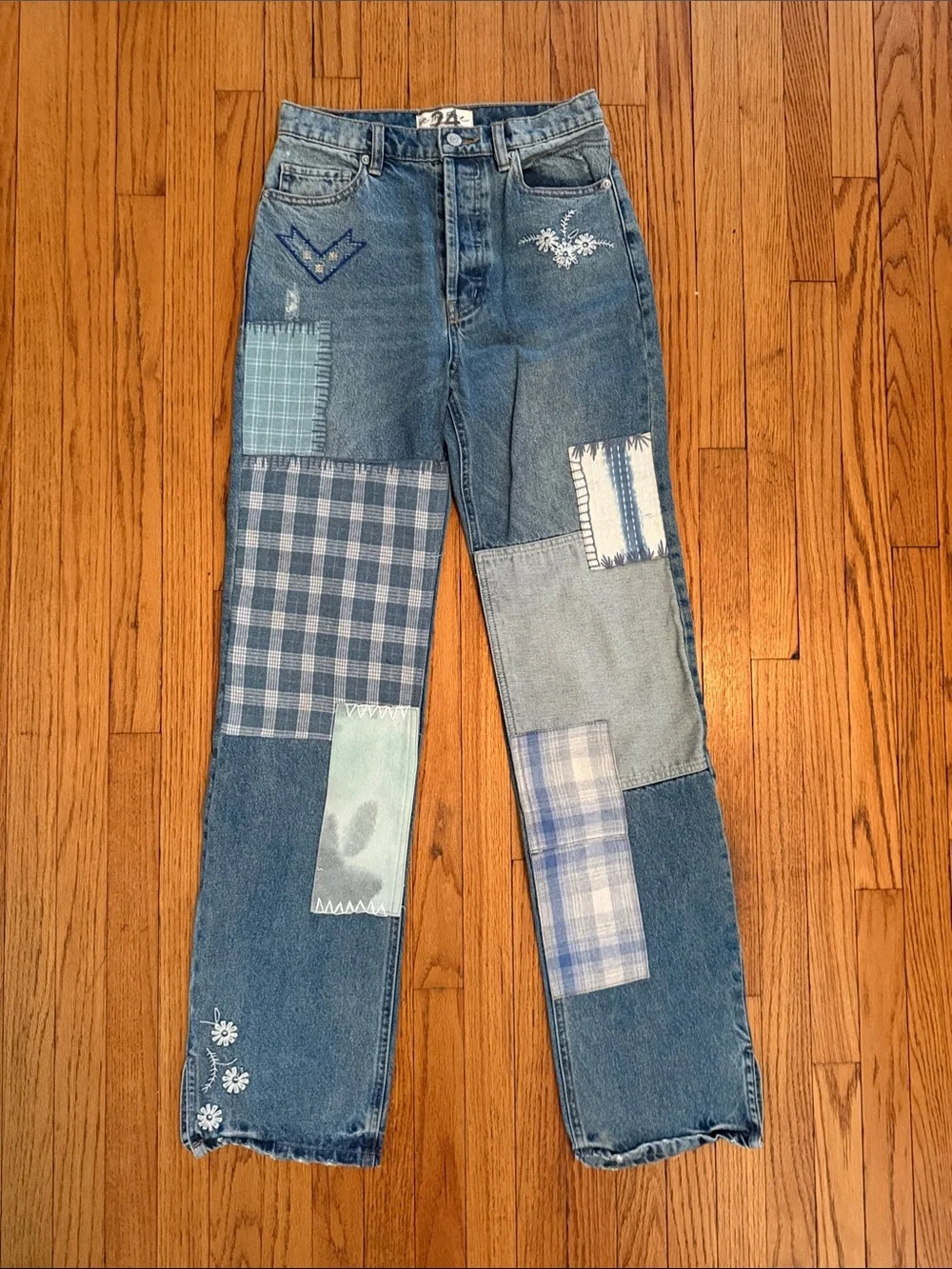 Free People Patchwork Straight-Leg Jeans in Mixed Blue Tones